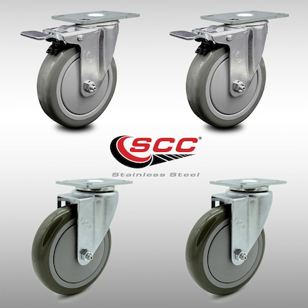 Service Caster 5 Inch SS Gray Polyurethane Top Plate Caster Total Lock Brakes SCC, 2PK SCC-SSTTL20S514-PPUB-2-S-2